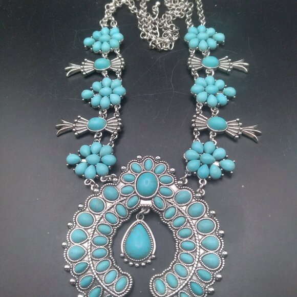 Silver tone Squash Blossom Blue Faux Stone New Necklace - Picture 5 of 5